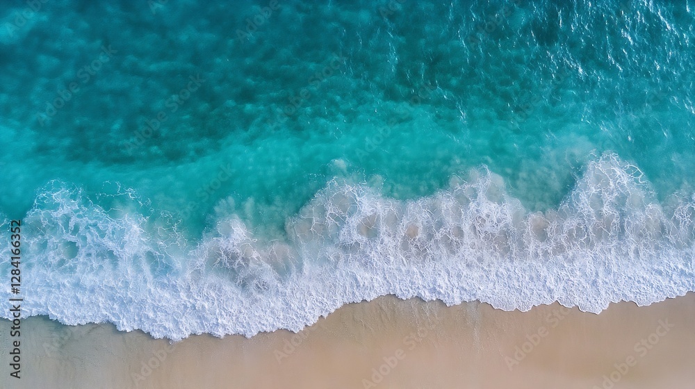 Poster aerial view of turquoise ocean waves crashing on soft sandy beach under bright sunlight : generative