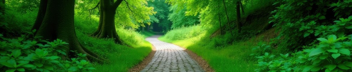 Obraz premium Lush greenery envelops winding cobblestone pathway, trees, forest, path