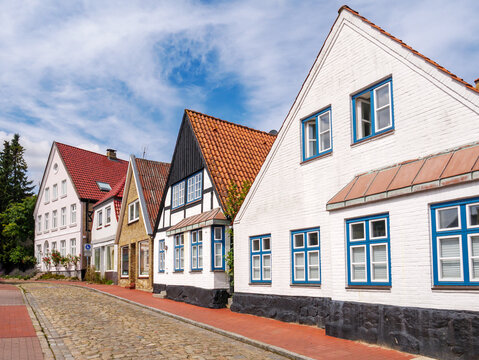 Half-timbered houses with gable roofs in Dehnthof, Kappeln along Schlei Fjord, Schleswig-Holstein, Germany