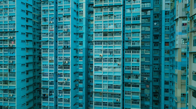 Dense urban apartment buildings with myriad windows and balconies.