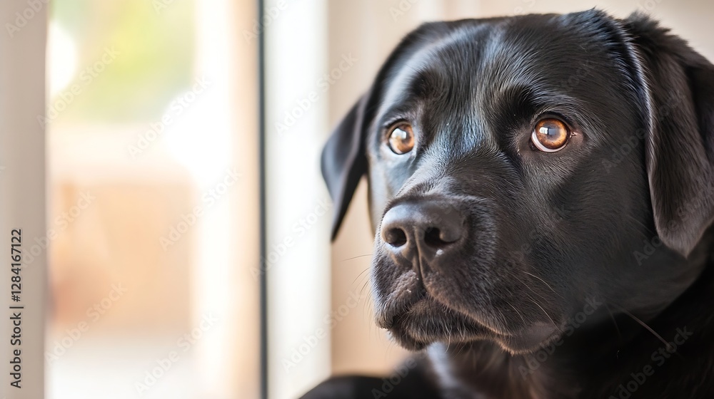 Poster closeup portrait of a black labrador dog looking thoughtfully out of a window indoors : generative a