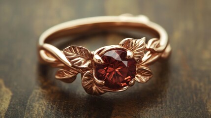 rose gold ring with a garnet stone and leaf design
