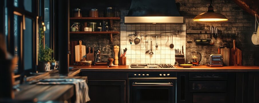 Cozy rustic kitchen at night with warm lighting and wooden accents