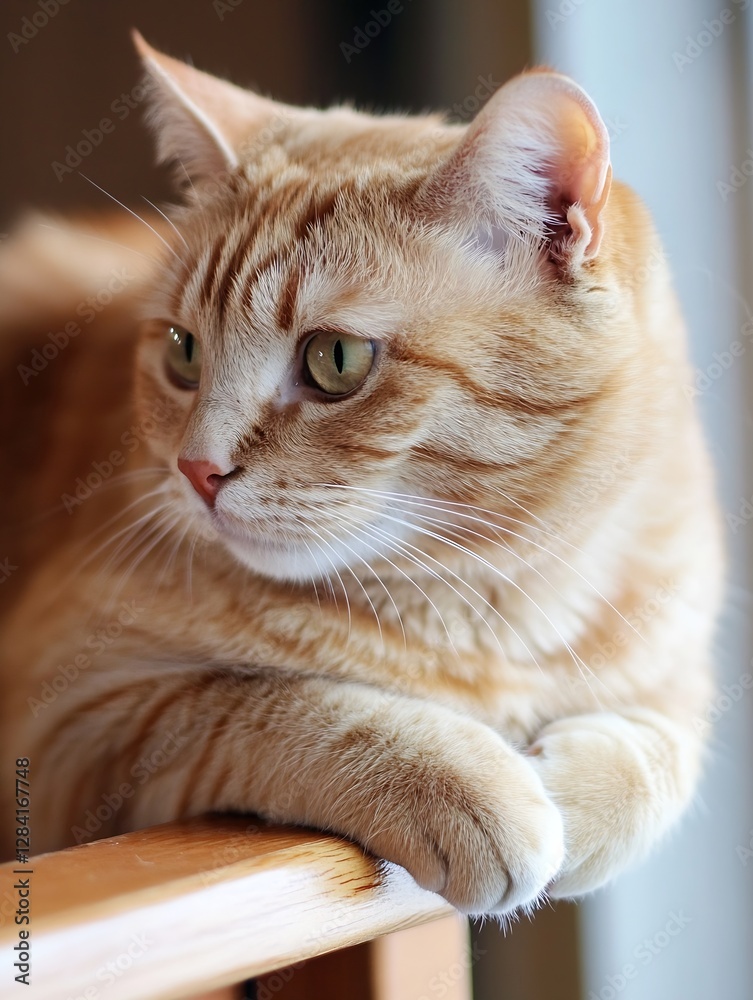 Poster closeup of an adorable orange tabby cat resting on a wooden surface indoors : generative ai