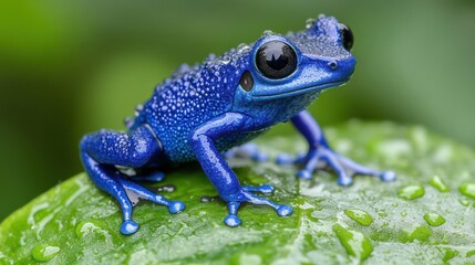 Obraz premium Vibrant blue poison dart frog on dewy leaf, lush rainforest background
