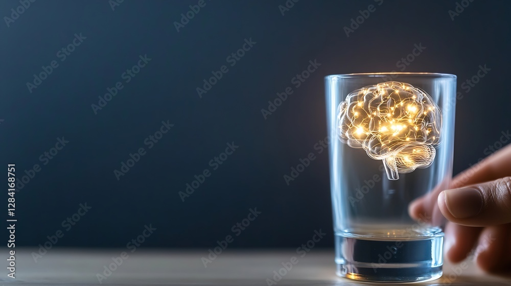 Poster creative concept of a glowing brain placed in a glass against a dark background : generative ai