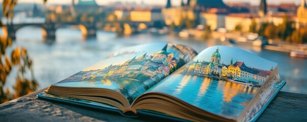 Open book with picture of picturesque cityscape by a river at sunset