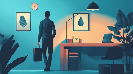 Businessman in Teal Suit Leaving Modern Office at Dusk