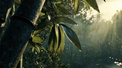 Close-up of bamboo forest with vibrant green leaves, dew drops glistening on the surface, and thick bamboo stalks. Sunlight filters through the lush foliage, creating a serene and detailed texture.