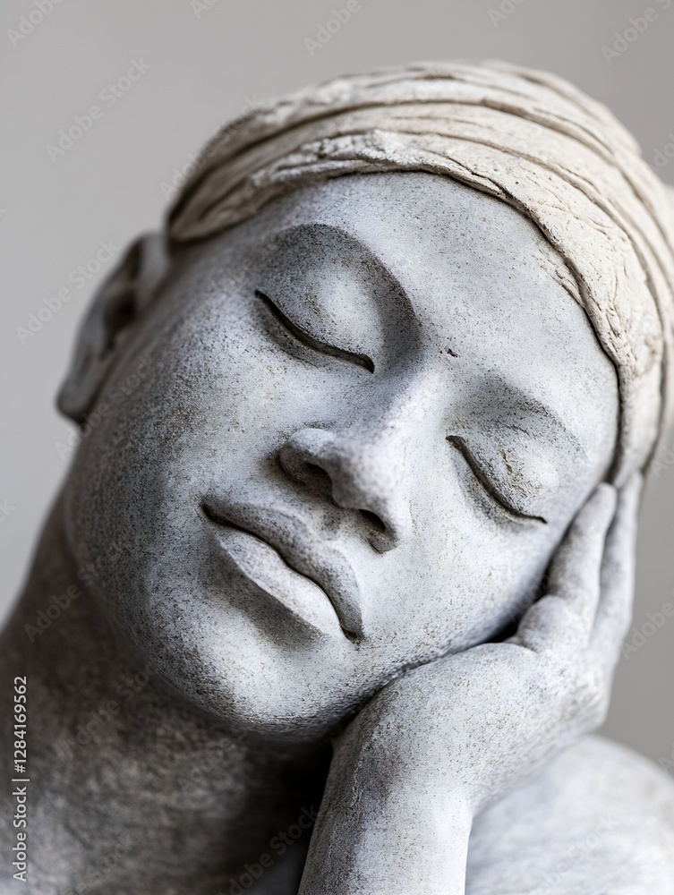 Poster artistic stone sculpture of a serene woman with closed eyes expressing tranquility and peace in a th