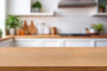 Kitchen wood table top for product display with blurred modern interior. Wooden tabletop over defocused kitchen background. kitchen furniture and desk space. product promotion in the kitchen