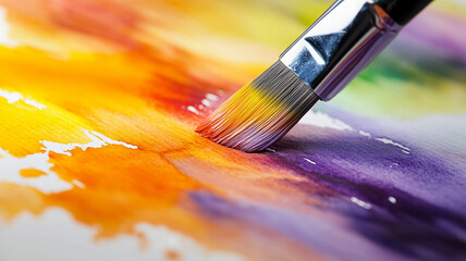 Fototapeta premium A beautifully lit close-up of a watercolor painting in progress, with an artist’s brush gently applying vibrant orange, yellow, purple, and green strokes to thick white paper (1)
