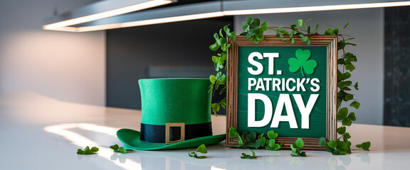A modern and stylish St. Patrick's Day sale promotion featuring a green top hat, shamrocks, and bold typography, symbolizing celebration, shopping, and festive spirit.