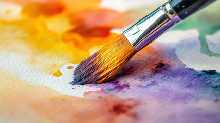 Obraz premium A beautifully lit close-up of a watercolor painting in progress, with an artist’s brush gently applying vibrant orange, yellow, purple, and green strokes to thick white paper (1)