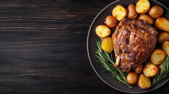 Vintagestyle Easter dinner table with slowroasted lamb and golden potatoes on a dark wood banner with customizable text space