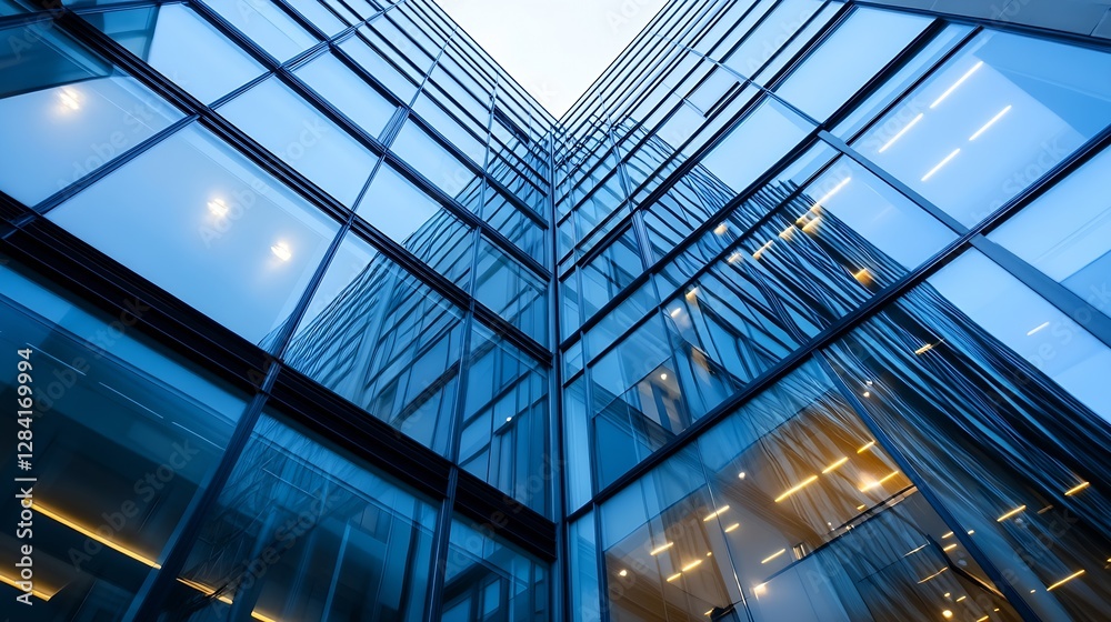 Poster Modern Architecture Featuring Glass Facade with Reflections and Captivating Lines : Generative AI