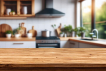 Kitchen wood table top for product display with blurred modern interior. Wooden tabletop over defocused kitchen background. kitchen furniture and desk space. product promotion in the kitchen