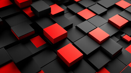 A bold black and red geometric design with squares scattered across the background, leaving space for website or promotional design (1)