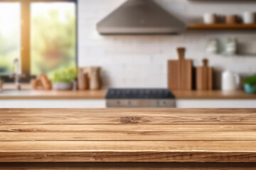 Kitchen wood table top for product display with blurred modern interior. Wooden tabletop over defocused kitchen background. kitchen furniture and desk space. product promotion in the kitchen
