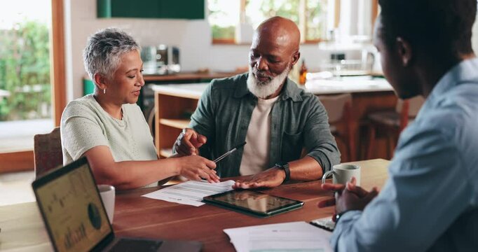 Handshake, sign or financial advisor with old couple in home for planning, retirement fund or consulting. Deal, paperwork approval or senior people shaking hands for compliance or mortgage agreement
