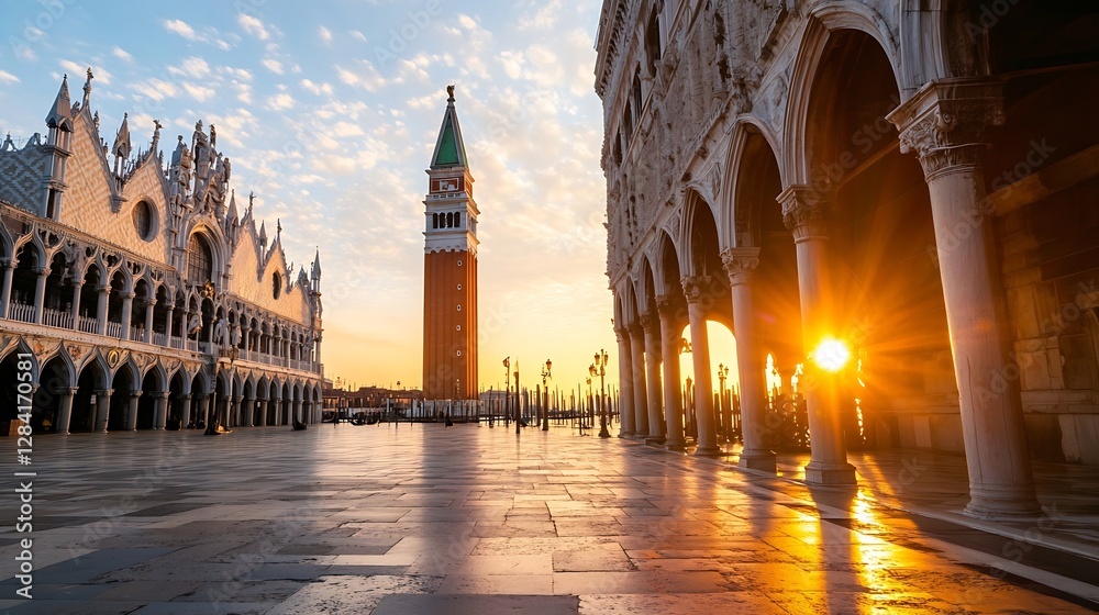Aufkleber an iconic view of st mark's basilica at sunset with rays of light : generative ai