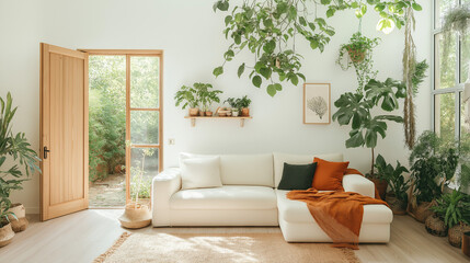 Fototapeta premium Serene Living Room: A bright and airy living room embraces nature with a cozy sofa, wooden doors, and an abundance of potted plants creating a calming and inviting space.