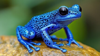 Obraz premium Vibrant blue poison dart frog on rock, jungle background