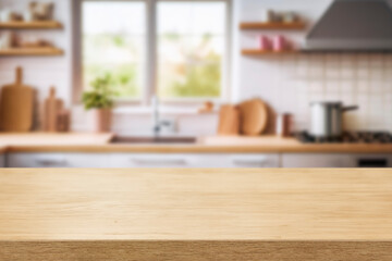 Kitchen wood table top for product display with blurred modern interior. Wooden tabletop over defocused kitchen background. kitchen furniture and desk space. product promotion in the kitchen