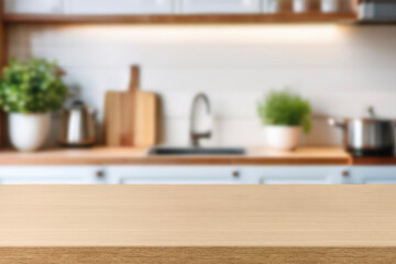 Kitchen wood table top for product display with blurred modern interior. Wooden tabletop over defocused kitchen background. kitchen furniture and desk space. product promotion in the kitchen