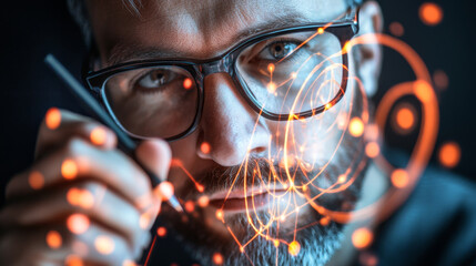 focused man with glasses analyzing digital data and patterns, showcasing blend of technology and creativity. His expression reflects deep concentration and curiosity