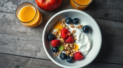 Bright and colorful yogurt bowl with fresh berries and granola, alongside juice on a rustic wooden table.