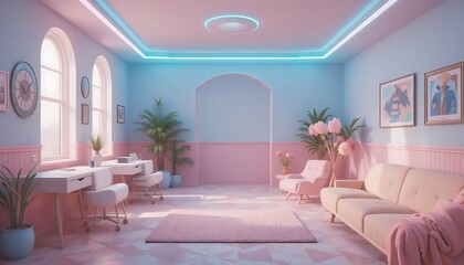 Fototapeta premium Modern pastel living room with stylish furniture, large windows, and vibrant decorative elements in soft tones