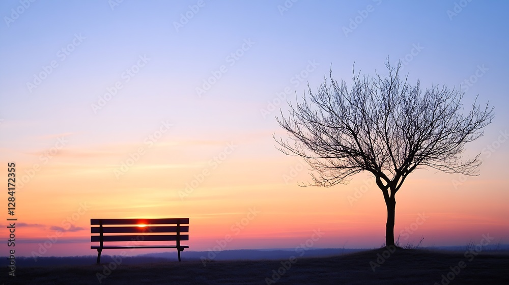 Poster charming silhouette of a bench and a leafless tree during a colorful sunset on the horizon : generat
