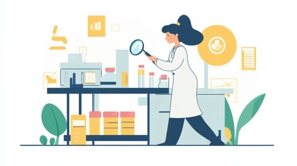 Female Scientist in White Lab Coat Uses Magnifying Glass to Inspect Samples in a Pixel Art Laboratory Setting