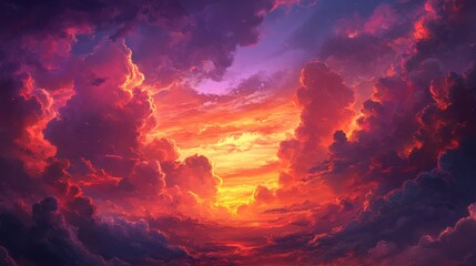 Fototapeta premium Majestic Sunset Over Fiery Clouds in Vibrant Color Palette