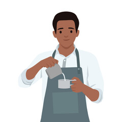 Barista pouring milk into a cup, skillfully preparing a coffee beverage while wearing an apron. Flat vector illustration isolated on white background
