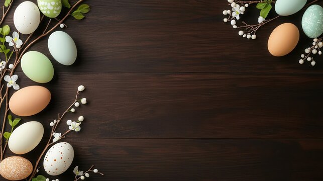 Flatlay of a cozy Easter gathering table with a polished dark wood text area