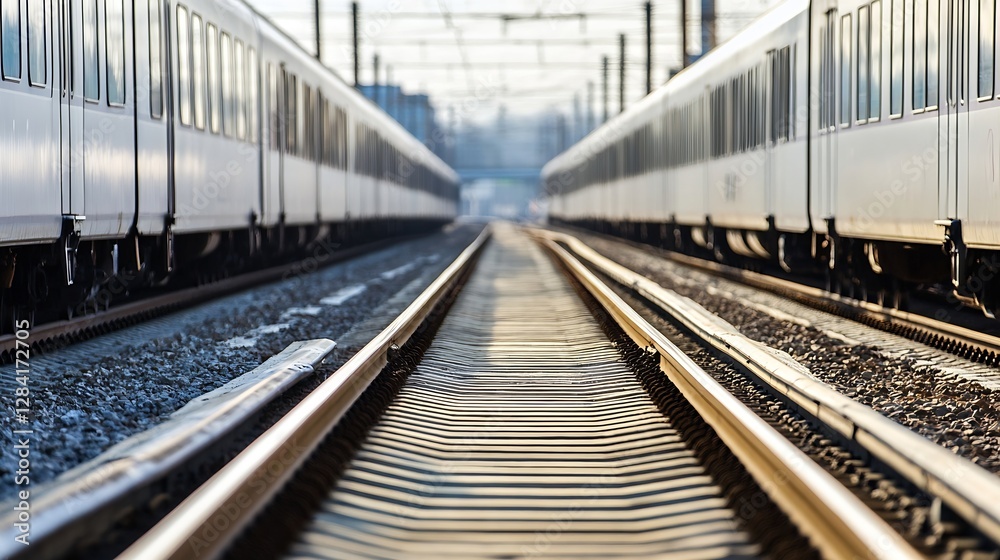 Poster Perspectives of Rail Tracks Surrounded by Modern Trains Creating a Dynamic Commuting Scene : Generative AI