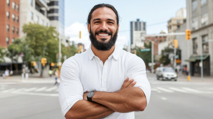 Fototapeta premium smiling man with beard stands confidently in urban setting, arms crossed, showcasing friendly demeanor. cityscape features buildings and traffic