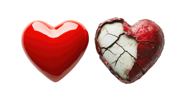Contrast of love represented by a smooth red heart and a cracked heart, symbolizing emotion and vulnerability