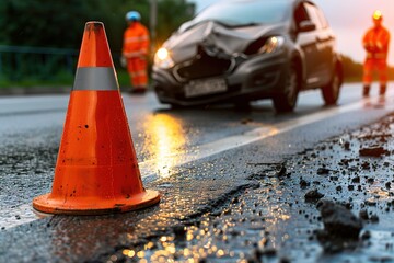 An orange traffic cone in focus with a damaged black car and two emergency responders blurred in the background during a rainy evening. emergency response