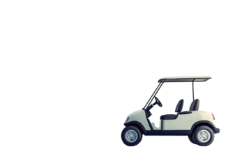 Golf cart parked against a plain background showcasing a modern design with two seats and a canopy for shade