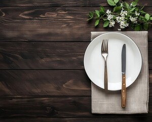 Warm spring holiday dinner table setting with a customizable dark wooden text banner