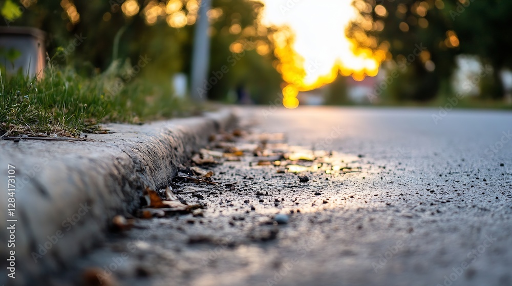 Poster Evening street view featuring wet pavement reflecting warm light from sunset giving a cozy and inviting atmosphere : Generative AI