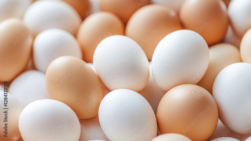 Poster fresh organic eggs in a variety of colors arranged together on a soft background : generative ai