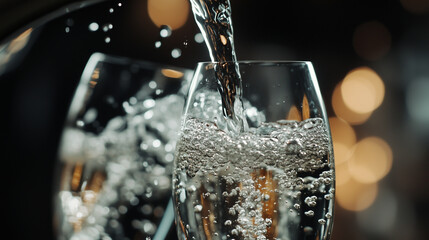 Champagne Pour with Bubbling Elegance. Close-up of champagne pouring into glass with bubbles. Ideal for celebrations, parties, and luxury events.