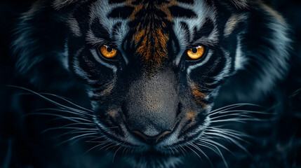 Fototapeta premium Tiger's Gaze: An intense close-up captures the mesmerizing eyes of a tiger, drawing viewers into the depths of its untamed spirit, with detailed fur textures and a dramatic lighting.