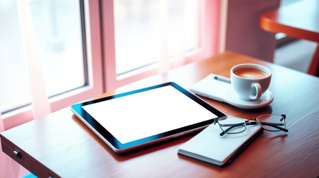 Cozy Workspace: Tablet, coffee, notepad, and glasses on a wooden desk by a bright window. Focused work.