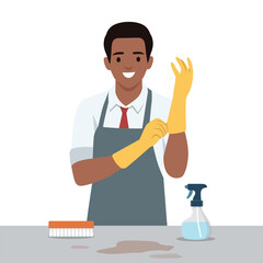 Man wearing an apron and yellow gloves, preparing to clean with a spray bottle and brush on a table. Flat vector illustration isolated on white background