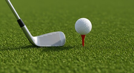Photorealistic Close-Up of Silver Golf Club on Vibrant Putting Green with White Golf Ball and Red Tee